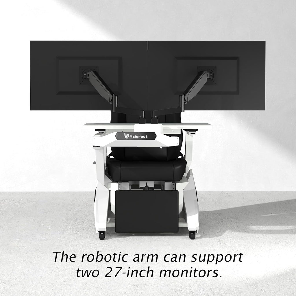 Dual robotic monitor arms for two 27‑inch screens on gaming workstation